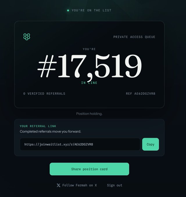 A Fermah waitlist confirmation page showing position #17,519 in line with 0 verified referrals and referral code AE62DGZVR8, alongside a referral link (https://joinwaitlist.xyz/r/AE62DGZVR8) for the upcoming Fermah project—being highlighted as Legion's next potential launch.