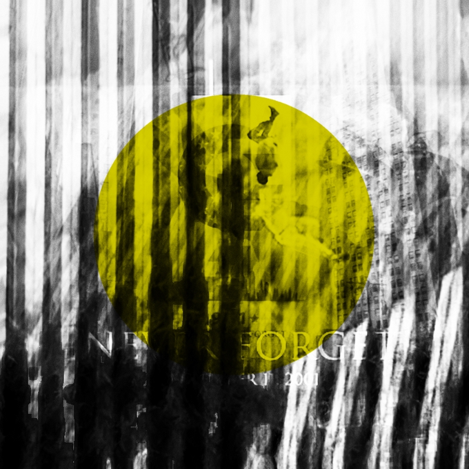 A stylized, abstract image features a yellow circle containing silhouettes of figures over a textured black and white background, with faint text reading 'NEVER FORGET' and 'SEPT 2001'.