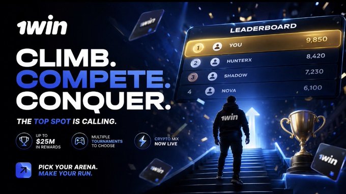 A promotional banner for '1win' featuring a gamer silhouette walking up glowing stairs toward a leaderboard, with text 'CLIMB. COMPETE. CONQUER.' and 'THE TOP SPOT IS CALLING.'