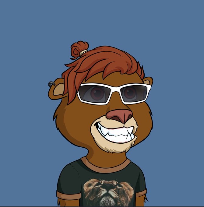 A digital illustration of a brown bear-like character with red hair in a bun, wearing white sunglasses and a black t-shirt with a lion graphic, set against a blue background.