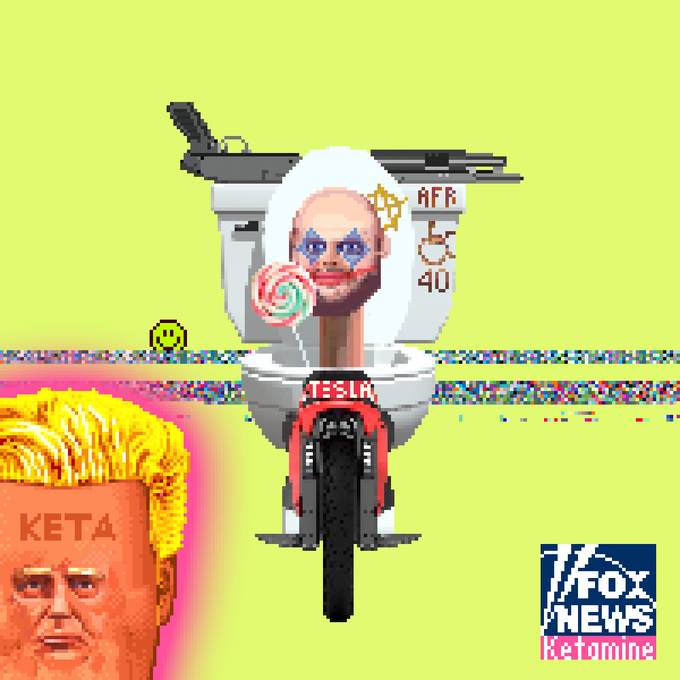 A chaotic pixel art collage on a yellow background featuring a face in a toilet, a 'KETA' Trump character, a 'FOX NEWS' 'ketamine' logo, and 'AFR' and 'TESLA' text.
