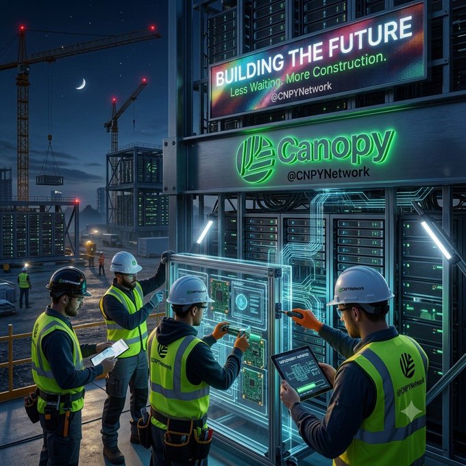 A digital illustration showing construction workers in safety vests and hard hats working on a glowing server rack, with a sign reading 'BUILDING THE FUTURE, Less Waiting. More Construction. @CNPYNetwork' and a green 'Canopy @CNPYNetwork' logo.