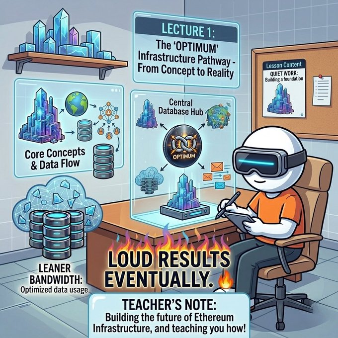 The image features a cartoon of a teacher sitting at a desk with a laptop in front of him wearing virtual reality goggles that read "Loud Results Eventually". A poster on the wall behind the teacher says "Teacher's note: build the future of Ethereum - faster propagation, leaner bandwidth, stronger decentralization @get_optimum is building that for Ethereum". The room also has blue walls and a purple planet.