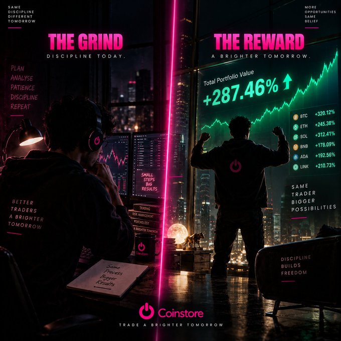 A Coinstore cryptocurrency advertisement split into two halves: "THE GRIND" showing a trader working at multiple monitors at night, and "THE REWARD" showing a man celebrating in front of a city skyline with a portfolio value of +287.46%, listing gains for BTC, ETH, SOL, BNB, ADA, and LINK.