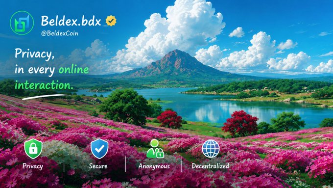 A promotional graphic for Beldex.bdx (@BeldexCoin) displays the tagline "Privacy, in every online interaction" over a vibrant landscape of pink flower fields, a blue lake, and a mountain under cloudy skies, highlighting four key features: Privacy, Secure, Anonymous, and Decentralized. The image visually reinforces the accompanying post's emphasis on Beldex's privacy-focused browser and decentralized ecosystem.