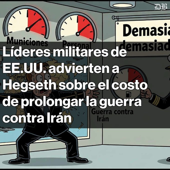 A cartoon illustration from the Wall Street Journal shows a military officer in front of gauges labeled "Municiones," "Personal," and "Guerra contra Irán" with the Spanish headline "Líderes militares de EE.UU. advierten a Hegseth sobre el costo de prolongar la guerra contra Irán."