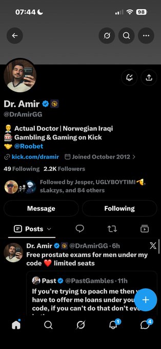 A screenshot of an X profile for 'Dr. Amir' (@DrAmirGG), described as an Actual Doctor and Norwegian Iraqi, with a post mentioning 'Free prostate exams for men under my code'.