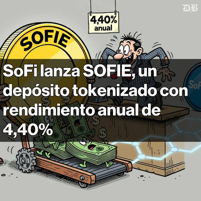 A Spanish-language SoFi graphic reads, “SoFi lanza SOFIE, un depósito tokenizado con rendimiento anual de 4,40%,” over an illustration of a vault labeled “SOFIE.”
