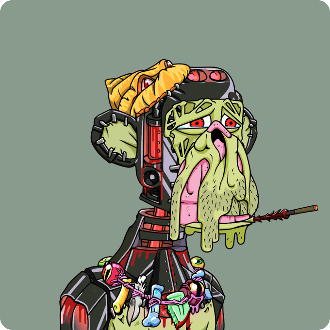 A cartoon illustration depicts a grotesque, zombie-like character with green melting skin, red eyes, and a large mustache, adorned with mechanical headgear and syringes on its chest.
