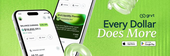 Grvt advertisement reading “Every Dollar Does More,” with app-store badges and phone mockups showing a balance-earning dashboard and a Grvt liquidity provider screen.