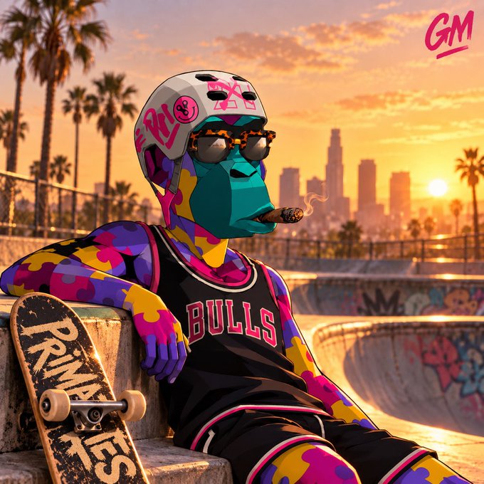 A vibrant stylized illustration of a character with teal skin wearing a Bulls jersey, colorful helmet, and sunglasses, smoking a cigar while leaning on a skateboard in a skatepark with a sunset cityscape in the background, marked with a 'GM' logo.
