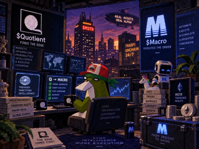 A digital artwork featuring a duck character wearing a cap sitting at a desk with multiple monitors in a cyberpunk city setting, with logos for '$Quotient' and '$Macro' and text about 'MSTR', 'TRADFI ONCHAIN 24/7', and 'REAL ASSETS REAL ALPHA'.