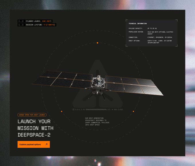A dark-themed promotional webpage for "DEEPSPACE-2" spacecraft, featuring a 3D rendering of a satellite with solar panels and technical specifications including "[PLANNED LAUNCH: JUNE 2027]" and "[MISSION LIFETIME: 6-12 MONTHS]."