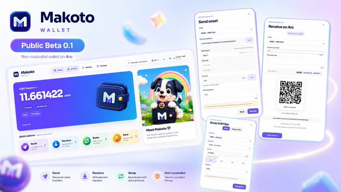 A promotional graphic for 'Makoto Wallet' Public Beta 0.1, described as a 'Non-custodial wallet on Arc,' showing app screens for sending USDC, swapping assets, and receiving QR transfers.