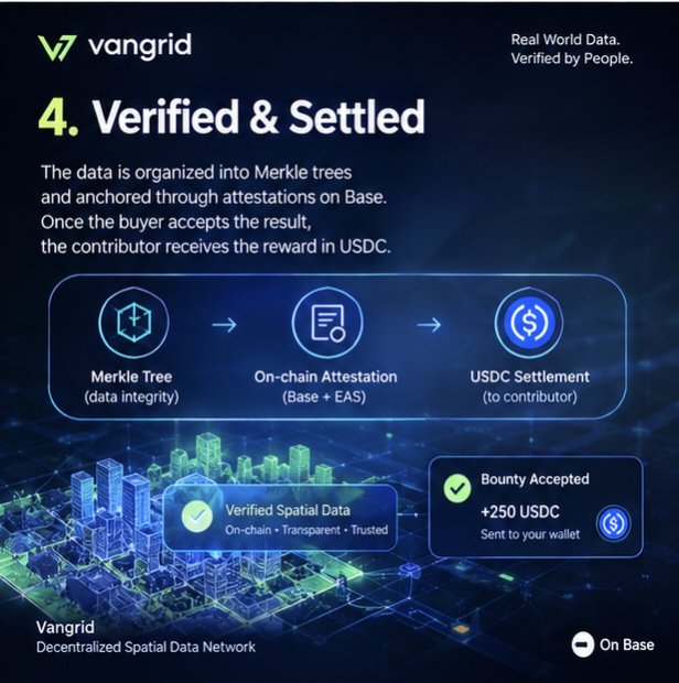 An infographic titled "4. Verified & Settled" from Vangrid, showing a data flow from "Merkle Tree" to "On-chain Attestation" to "USDC Settlement" with a "Bounty Accepted +250 USDC" notification.
