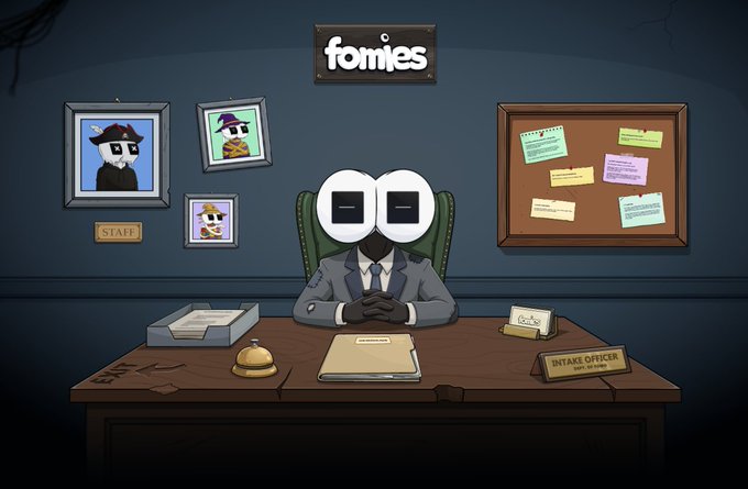 2D animated scene from a show titled 'fomes' showing a character with large white glasses sitting at an 'INTAKE OFFICER' desk, with framed pictures and a bulletin board in the background.