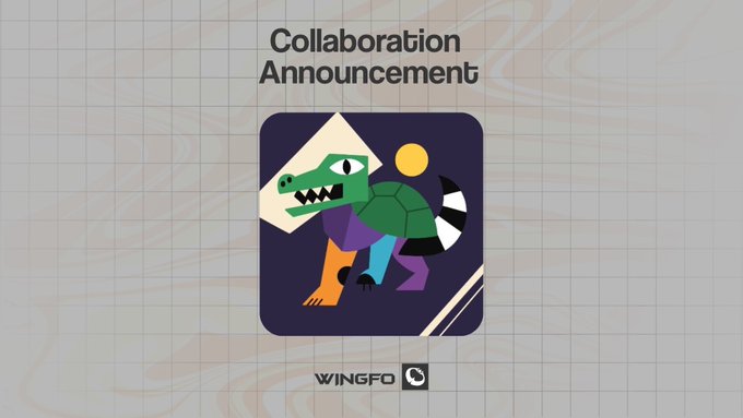 The image features a "Collaboration Announcement" graphic with a stylized, geometric illustration of a fierce green and purple creature with sharp teeth and a striped tail, set against a dark navy background. The "WINGFO" logo appears at the bottom, aligning with the post's call to follow @weingfo as part of the contest requirements for a $morphora airdrop giveaway.