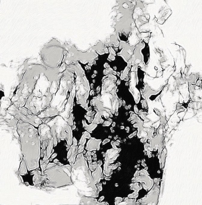 This black and white abstract image features swirling, viscous patterns of white and gray material oozing or floating across a dark background, resembling marbled paint or thick liquid in motion. The fluid, organic textures and dynamic shapes seem to visually express the chaotic, energetic mood of a celebratory "Happy Tuesday!" greeting.