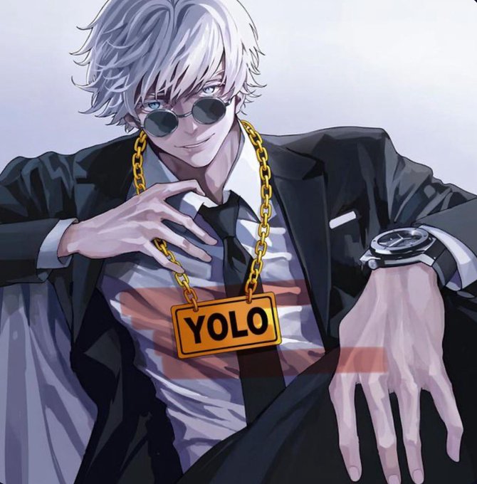 An anime-style illustration of a white-haired male character wearing round sunglasses, a suit, and a large gold chain with a 'YOLO' pendant.
