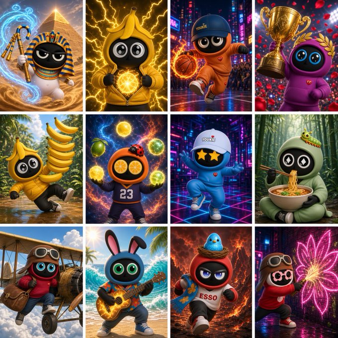 A 3x4 grid of colorful, cartoonish AI-generated mascot characters in various outfits and scenarios, including a pharaoh, a banana character, a basketball player, a pilot, a guitar player, and others.