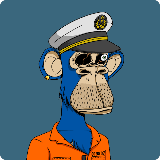 A blue cartoon monkey character wearing a captain's hat, sunglasses, and an orange prison jumpsuit with the number '019807'.