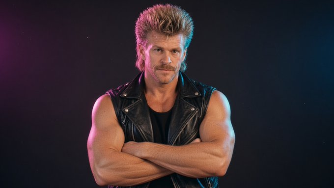 A muscular man with blonde hair and a mullet, wearing a black leather vest, posing with crossed arms against a dark background with pink and blue lighting.