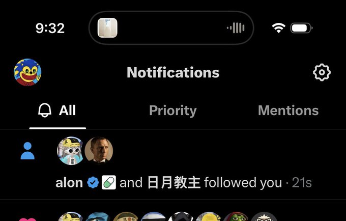A smartphone screenshot displays a "Notifications" screen showing "alon ✅ (with verification checkmark and a verification symbol) and 日月教主 followed you · 21s" under the "All" tab, with the profile picture of the second user appearing to be Barack Obama, visually confirming the post's excitement about receiving a follow-back.