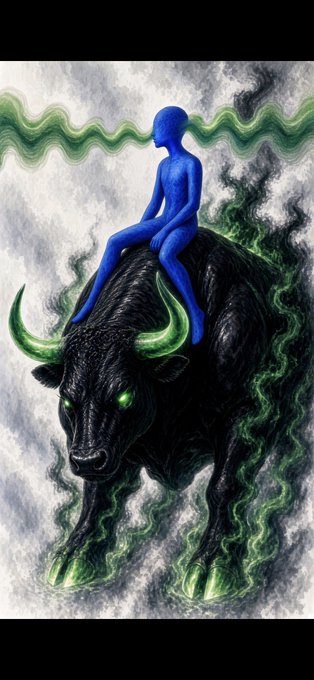 A dark fantasy digital illustration of a blue humanoid figure with an elongated head sitting atop a massive black bull with glowing green horns and hooves, surrounded by swirling green mist.