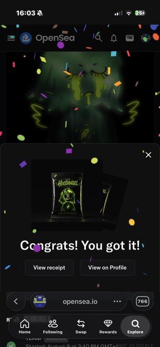 The image shows an OpenSea mobile notification celebrating a successful mint with the text "Congrats! You got it!" displayed above digital collectible cards featuring "Moonwell" branding, along with "View receipt" and "View on Profile" buttons. The "Minted mine" post relates to the image as it captures the moment of successfully minting a Moonwell NFT collectible on the OpenSea platform.