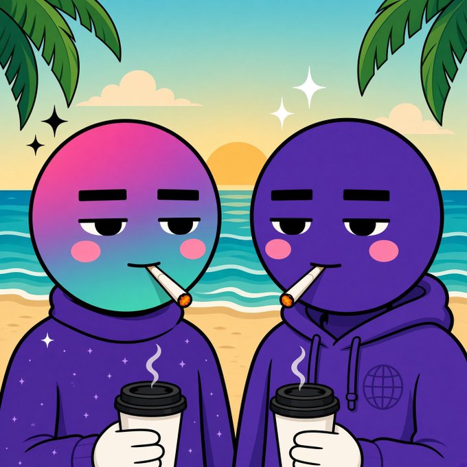 A stylized cartoon illustration shows two nonchalant, gradient-colored characters smoking cigarettes and holding coffee cups on a beach with palm trees, a sunset, and sparkling stars.