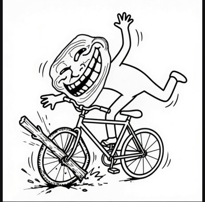 A black and white line drawing of the classic trollface meme riding a bicycle with a stick lodged in the front wheel, causing the rider to fall backward.