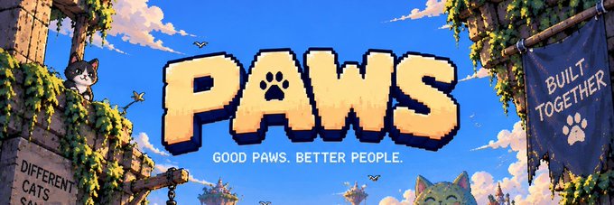 Promotional banner for 'PAWS' with tagline 'GOOD PAWS. BETTER PEOPLE.' and 'BUILT TOGETHER' on a banner, featuring a cat on stone ruins in a colorful game-like environment.