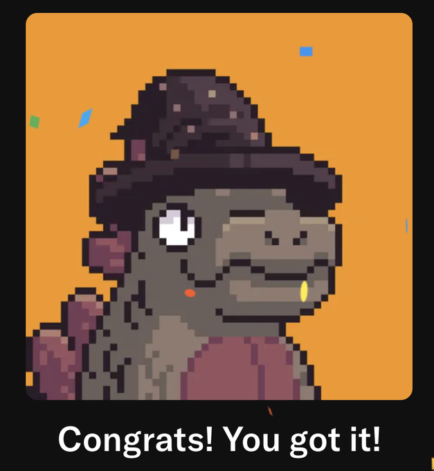 A pixel art illustration of a smiling tortoise wearing a dark brown hat and vest against an orange background with confetti, captioned 'Congrats! You got it!'.