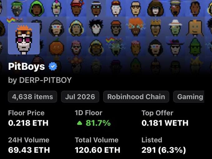 OpenSea page for the "PitBoys" NFT collection by DERP-PITBOY, showing 4,638 items, a floor price of 0.218 ETH, and a 24H volume of 69.43 ETH.