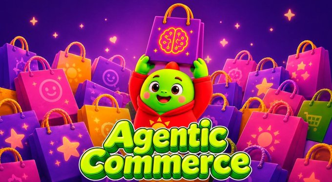 A colorful 3D illustration features a green cartoon character holding a shopping bag surrounded by pink and purple gift bags, with the text 'Agentic Commerce' displayed prominently.