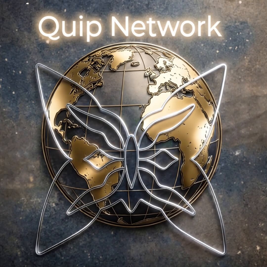 The image features a butterfly-shaped globe with a gold border, surrounded by neon lights that give it an ethereal glow. The phrase "quip network" is written above the butterfly, indicating its connection to the Quip Network. The butterfly is positioned in such a way that it appears as if it's floating or hovering over the globe, creating a sense of magic and wonder.