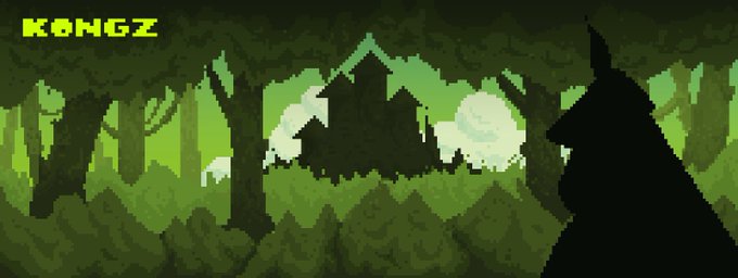 A pixel art banner featuring green jungle/forest scenery with a dark castle silhouette in the background and a black wolf-like character silhouette in the foreground, labeled 'KONGZ' in yellow text.