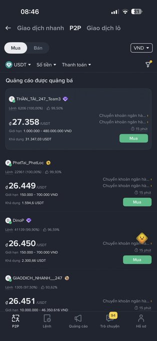 A Vietnamese cryptocurrency P2P trading app showing USDT buy offers with prices around 26,358 to 26,451 USDT from various sellers.