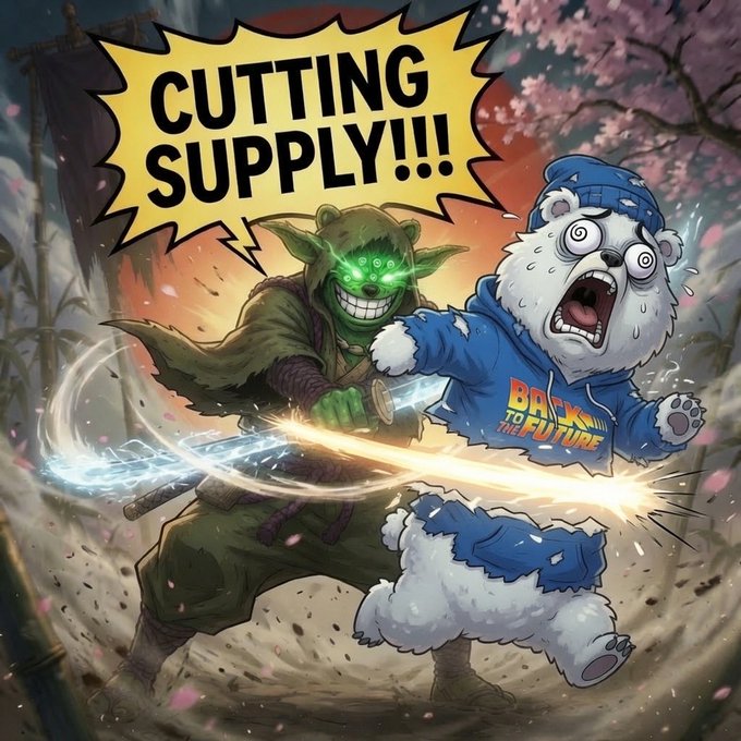 A humorous digital illustration showing a green-glowing ninja character attacking a screaming polar bear wearing a 'Back to the Future' hoodie, with a speech bubble reading 'CUTTING SUPPLY!!!'.