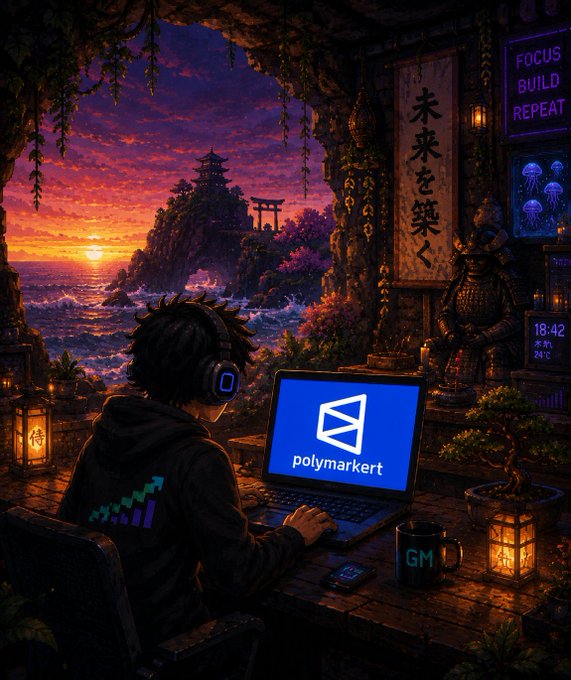Anime-style illustration of a person wearing headphones working on a laptop displaying the Polymarket logo, set against a Japanese coastal sunset backdrop with kanji characters and a samurai statue.