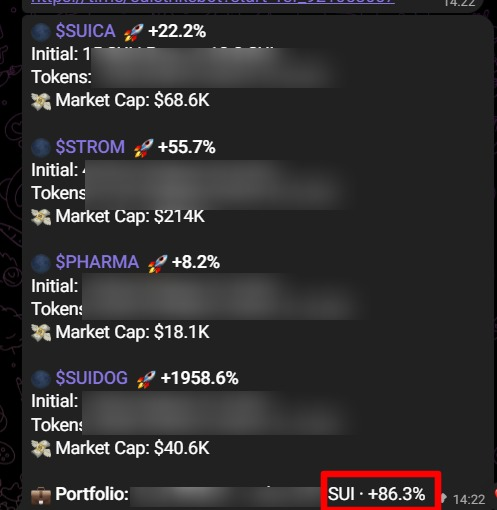 A SUI trading portfolio screenshot showing gains including $SUICA +22.2%, $STROM +55.7%, $PHARMA +8.2%, and $SUIDOG +1958.6%, with an overall portfolio value highlighted at +86.3% (SUI). This visually reinforces the post's claim of being "Up 85% on $SUI buys today," while promoting the Strikebot trading community.