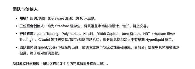 The image displays a Chinese-language slide titled "团队与创始人" (Team and Founders), describing Entropy—a ~10-person Delaware-registered team of three Stanford dropout co-founders with backgrounds at top trading firms like Jump Trading, Polymarket, Kalshi, and Jane Street. It relates to the post by providing the Grok-sourced team background for the early-stage HIP-3 perpetual contracts platform on Hyperliquid, while noting the project is only about 3 months old with limited public information.