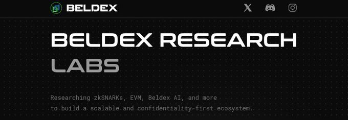 A black promotional banner for 'BELDEX RESEARCH LABS' featuring the Beldex logo and social media icons (X, Discord, Instagram), with text reading 'Researching zkSNARKs, EVM, Beldex AI, and more to build a scalable and confidentiality-first ecosystem.'