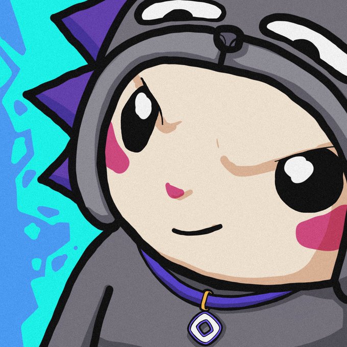 A cartoon illustration of a character wearing a gray shark/dinosaur hooded costume with purple spikes, featuring large anime-style eyes and pink blush marks.