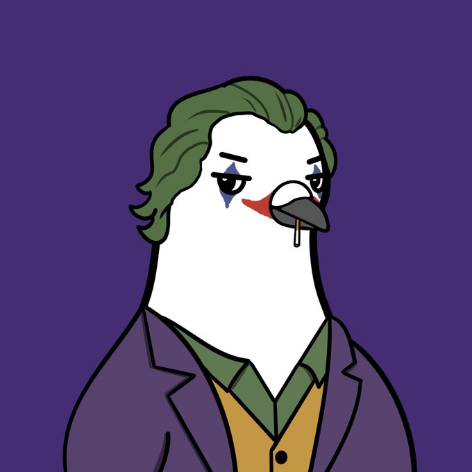 An illustrated white pigeon character styled as the Joker with green hair, clown makeup, and a purple suit sits against a purple background.