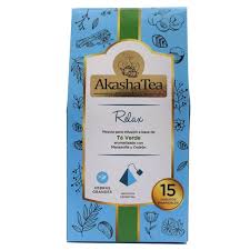 A package of 'Akashi Tea' branded 'Relax' tea, shown as a box with 15 tea bags, featuring blue packaging with botanical illustrations.