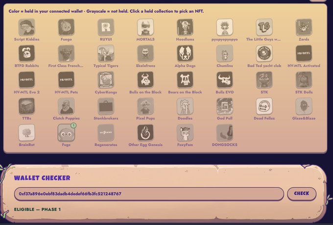 A user interface showing "WALLET CHECKER" with an address field displaying "0xf37a894e0abf83dadb4dede66fb3fc521248767" next to a CHECK button, below a grid of NFT collection icons (such as Fugz, BAYC, Doodles, MAYC, etc.) where held collections appear in color and unheld ones are grayed out, with "ELIGIBLE — PHASE 1" confirming the user is eligible for the @unvault Genesis Bugz Phase 1 claiming.