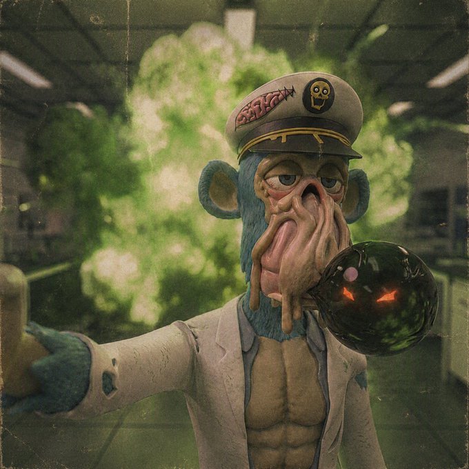 A distressed blue mutant ape in a captain's hat with a brain and smiley-face patch stands in front of a glowing green explosion, holding a dark orb with glowing red eyes that mirrors the ominous "Everything's fine" sentiment of the post.