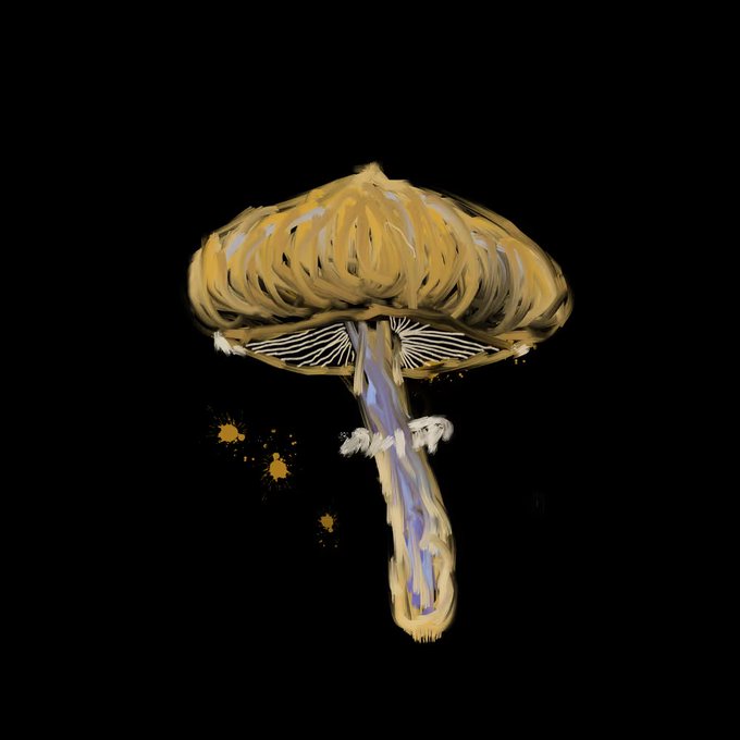 A digital painting of a golden mushroom with a textured cap and slender stem against a black background, featuring small orange splatters near the base.