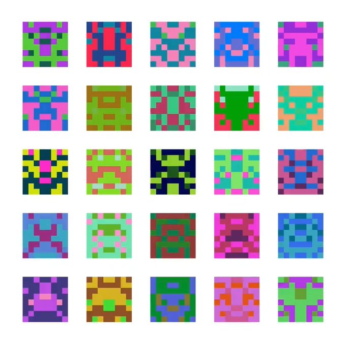 A grid displays twenty-five colorful, pixelated square tiles in various shades of green, pink, blue, and red.